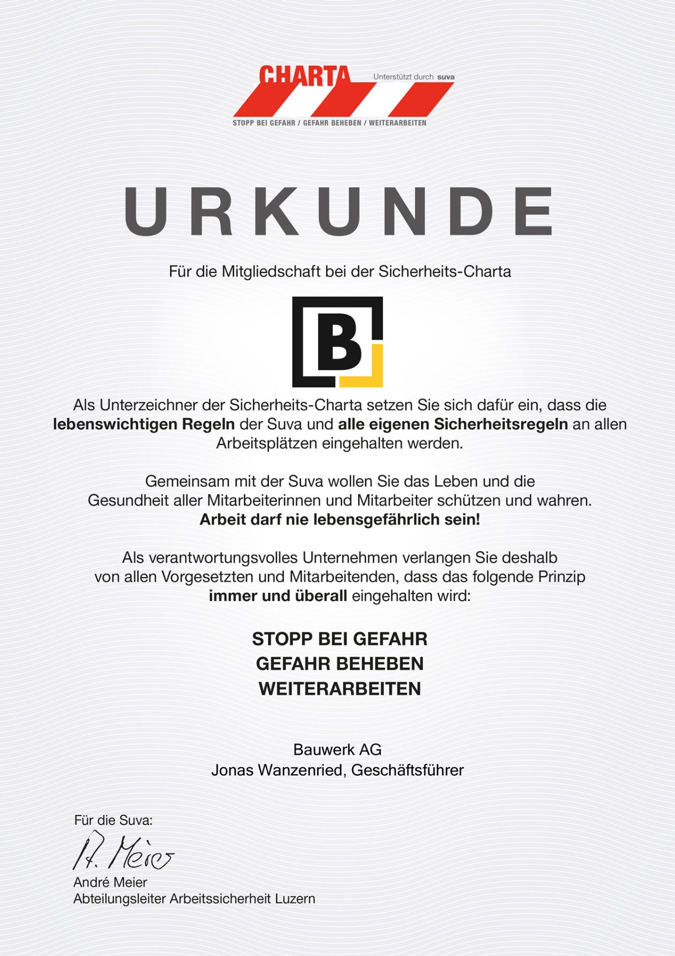 SUVA Safety Charter of Bauwerk AG