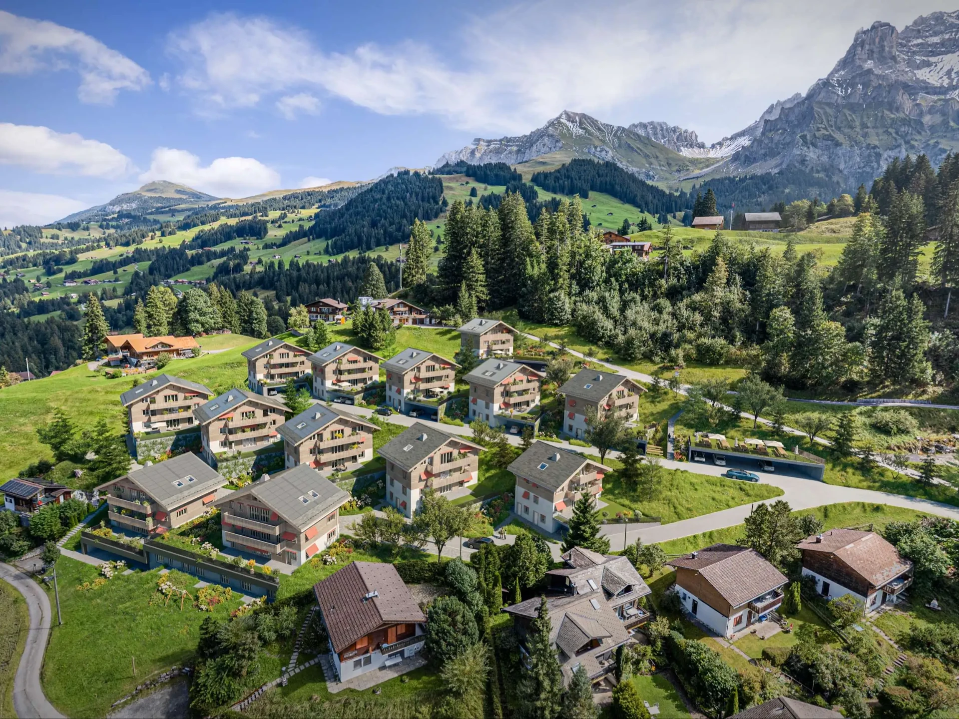 Visualisierung der Wohnüberbauung Eggetli in Adelboden