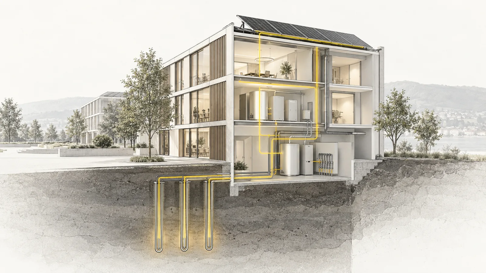 Building section with plant room, heat pump, storage tanks and borehole heat exchangers underground